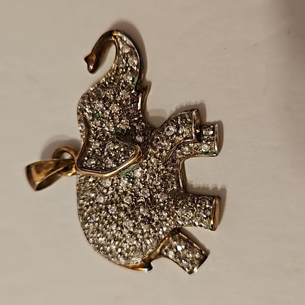 925 Rhinestone & Goldtone Accented & Outline Features Elephant Pendant